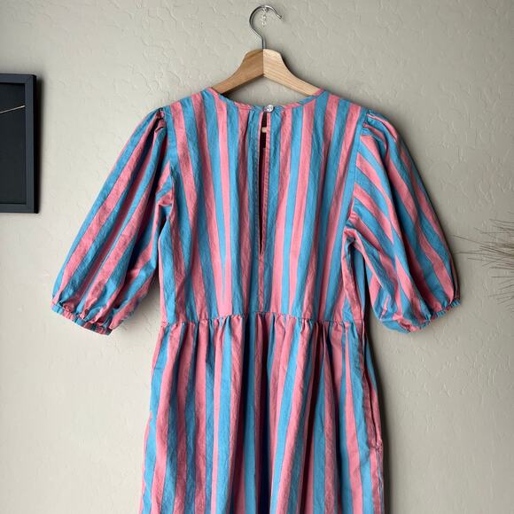 SZ Blockprints Gaia Pink Blue Striped Puff Sleeve Tiered Maxi Dress Size Small - Picture 8 of 11